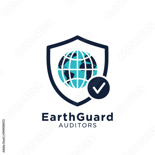 Globe earth inside shield with verification checkmark icon logo for global environmental protection and auditing services for EarthGuard Auditors