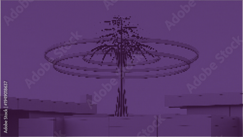 Purple palm tree sculpture with circular structure around it in modern architecture  city landscape
