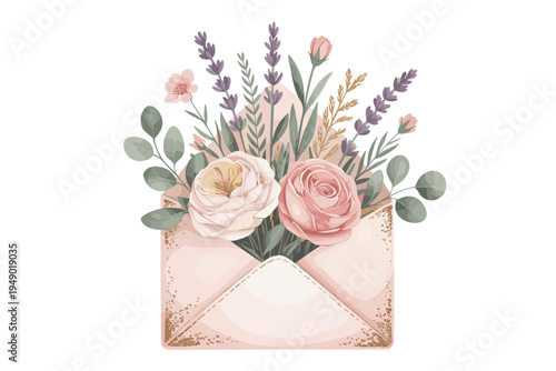 Photos Envelope with Beautiful Flower Bouquet Illustration, Romantic Floral Greeting Co