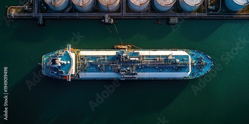 An LNG tanker anchored in the gas terminal storage tanks. An oil and gas bunker vessel in the tanker bay. View from above.