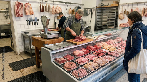 Butcher cutting raw beef at counter while woman customer waits in meat shop. Professional artisan working with knife in local market. Fresh food industry and retail trade business concept.