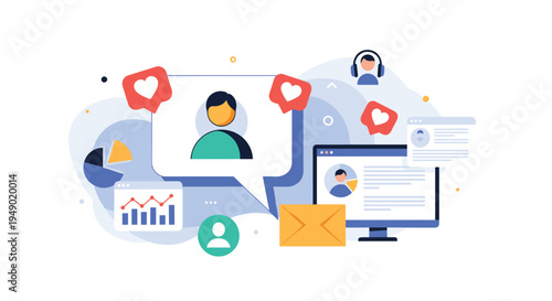 Social media marketing and user engagement concept featuring heart icons, user profiles, and detailed data analytics charts.
