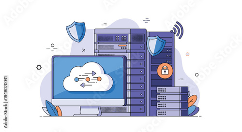 Secure cloud computing and server data protection concept with a computer monitor, security shields, and server racks.