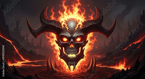 Dramatic portrayal of a formidable horned skull engulfed in roaring flames, symbolizing intense power and an infernal presence rising from a molten abyss
