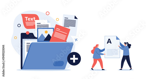Digital document management and file organization concept showing professional people adding files to a large blue folder.