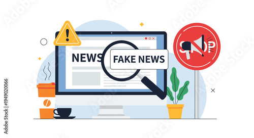 Fake news detection and misinformation prevention concept featuring a magnifying glass over a digital news website.