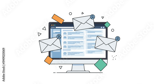 Email notifications and incoming messages concept shown as several flying envelopes around a computer monitor screen.