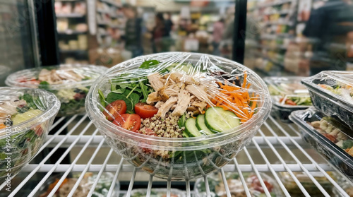 Bowl of fresh salad with chicken and vegetables displayed on a refrigerated grocery store shelf. Healthy ready meal in plastic packaging. Concept of convenient nutrition and retail food.