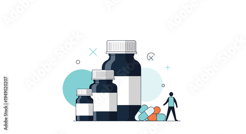 Pharmaceutical medicine and healthcare treatment concept featuring various pill bottles and capsule supplement icons.