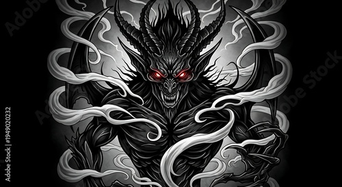 A menacing horned demon emerges from smoky darkness, its glowing red eyes fixated, embodying primal fear and the essence of malevolent power in a monochrome spectacle