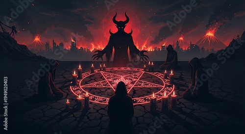 A powerful horned demon oversees a dark occult summoning ritual, with cloaked figures gathered around a glowing pentagram amidst a fiery, volcanic hellscape under a menacing crimson sky