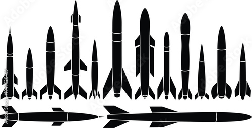 Assortment of Black Silhouettes of Missiles and Rockets with Detailed Fin and Body Structures on a White Background