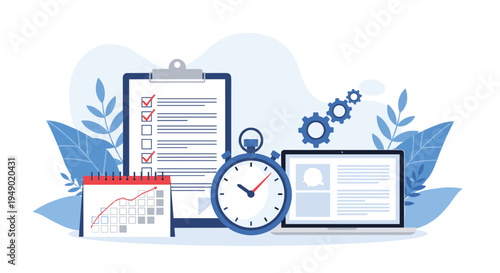 Project deadline and task management organization concept with a stopwatch, calendar, and a digital checklist board.