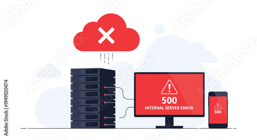 Internal server error 500 and system failure concept showing a cloud with a cross and a red monitor warning screen.