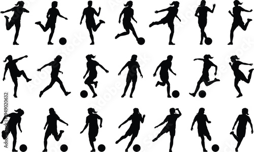 Collection of Silhouetted Female Soccer Players in Action Poses with Soccer Balls on a White Background