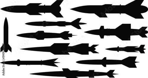 Collection of Silhouetted Missiles and Rockets with Various Fin Designs and Body Shapes on a White Background