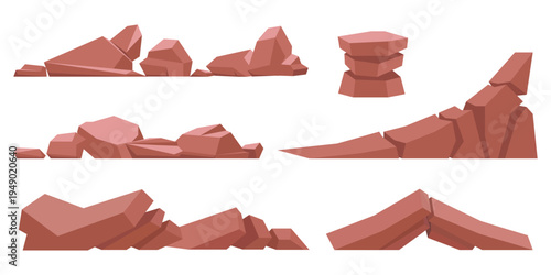Collection of stylized red rock and cliff illustrations. Includes rocky platforms, boulders and canyon pieces for desert, landscape and environment.