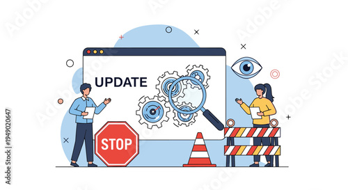 System software update and maintenance concept showing several people working on computer gears with warning signs.
