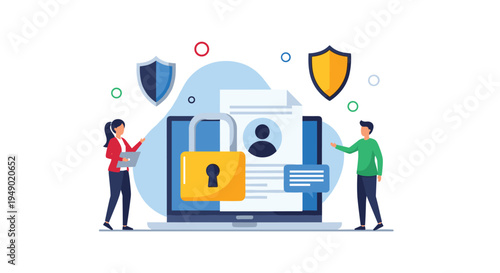 Personal data protection and identity security concept featuring a large padlock and shields on a laptop screen.