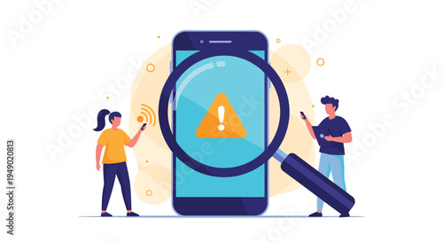 Mobile app testing and bug report analysis concept featuring a magnifying glass over a professional smartphone screen.