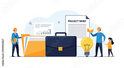 Professional project brief and business planning concept with a briefcase, folders, and creative business ideas.