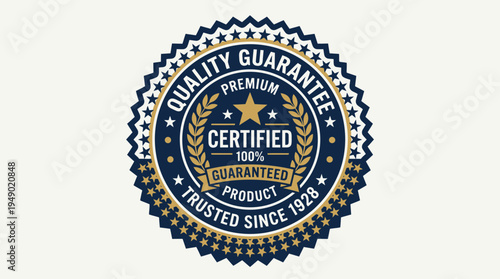 Quality guarantee badge with certified product information and trusted brand messaging provides a visual representation of premium standards for business assurance.