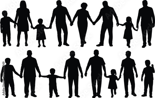 Silhouettes of Families Holding Hands in Two Rows on White Background Keywords: family silhouettes, holding hands, parents and children, father, mother, son, daughter, togetherness, unity
