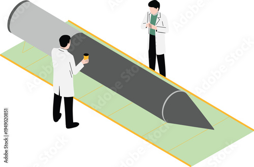 Two Scientists in Lab Coats Examining a Large Cylindrical Object on a Green Surface Keywords: scientists, lab coats, examining, large cylinder, cylindrical object, cone tip, research