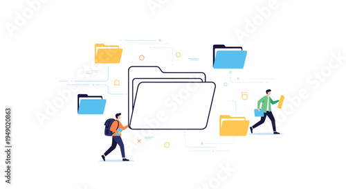 Digital folder organization and file sharing concept showing people carrying documents around a large folder icon.