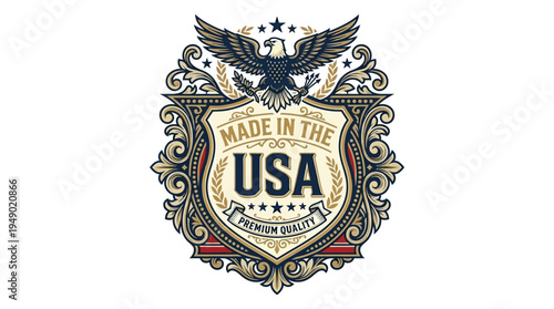 Stylized shield crest with 'MADE IN THE USA' text and a soaring American eagle symbolizes robust national identity and established product origin.