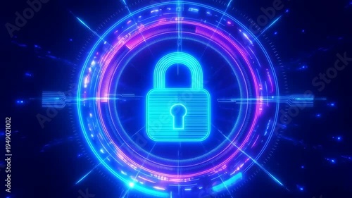 Wallpaper Mural Padlock digital neon blue with glowing circular interface and pink accents featuring cybersecurity, security, lock with futuristic and technology Torontodigital.ca