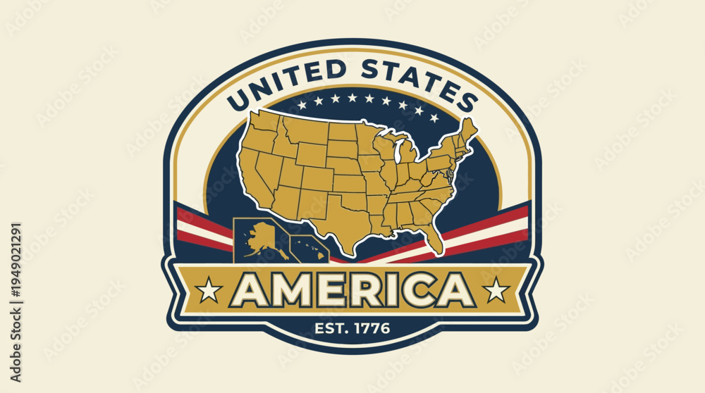 Obraz premium Vintage style crest badge features a map of the United States with established date and patriotic banner accents.