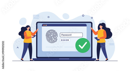 Biometric authentication and secure user login concept showing fingerprint scan and password field on laptop screen.