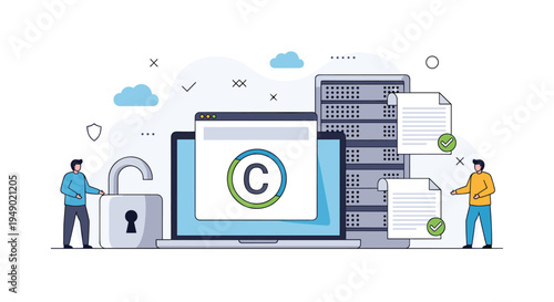 Digital copyright and intellectual property protection concept with computer, server, padlock, and human figures.