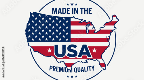 Badge design proclaims a product is proudly made in the USA featuring the American flag overlaid on a map silhouette against a white background.
