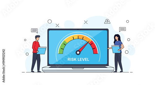 Risk level measurement and assessment concept with gauge on laptop screen and people reviewing financial reports.
