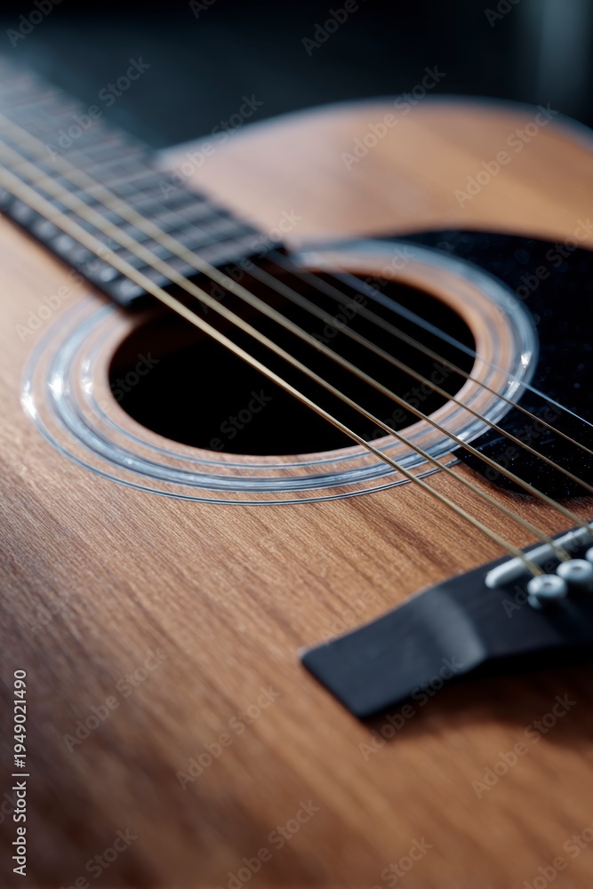 Obraz premium Close-up of Acoustic Guitar Sound Hole and Strings on a Wooden Body
