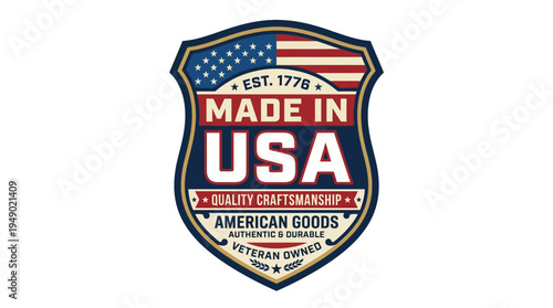 Shield-shaped emblem featuring American flag elements and established date emphasizes quality craftsmanship for domestic goods.