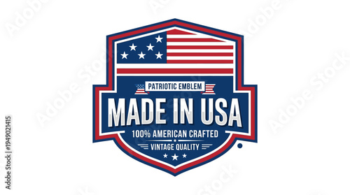 Bold Made in USA patriotic emblem graphic features a shield shape with stars and stripes and clear quality assurances on a white background.