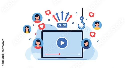 Video content marketing and audience attraction concept showing laptop with social media profiles and fishing hook.