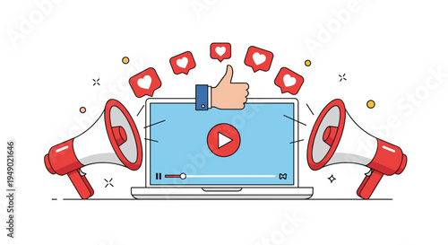 Social media promotion and video engagement concept with laptop, megaphones, and red heart like reaction symbols.