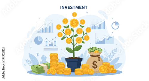 Financial investment and wealth growth concept showing money tree, bags of cash, and large stacks of gold coins.