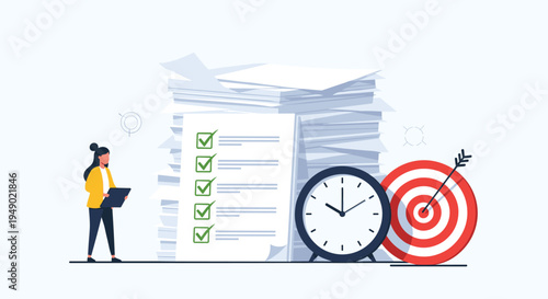 Task management and deadline concept featuring stack of documents, checklist, alarm clock, and red target icon.