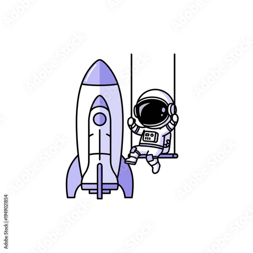A cute cartoon astronaut in a spacesuit swinging next to a purple and white space rocket.