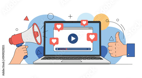 Digital marketing concept featuring laptop screen with video content, floating heart notification icons, megaphone, and thumbs up.