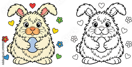 Heart encircled cartoon fluffy bunny clutching an Easter egg Black and white coloring sheet outline and vector color illustration