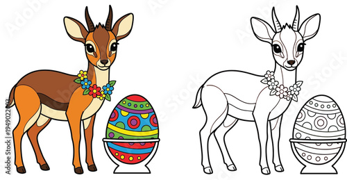 Obraz na plátně Adorable cartoon gazelle holding an Easter egg and a flower wreath Page outline