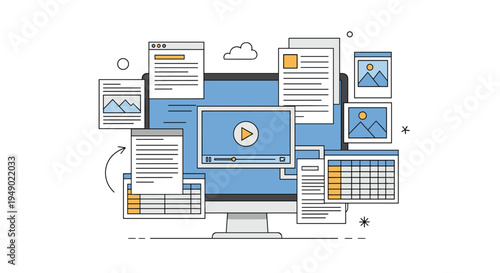 Digital multitasking and content management theme featuring computer monitor screen with various video, text, and spreadsheet windows.