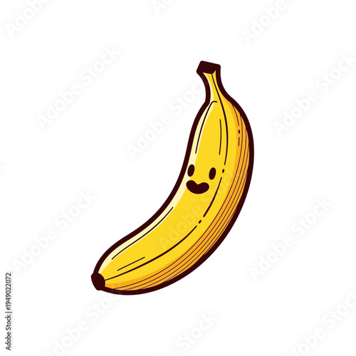 A cute cartoon banana with a smiling face and rosy cheeks on a white background.