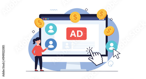 Paid advertising and digital marketing strategy showing computer monitor with ad interface, user icons, dollar coins, and clicking hand.